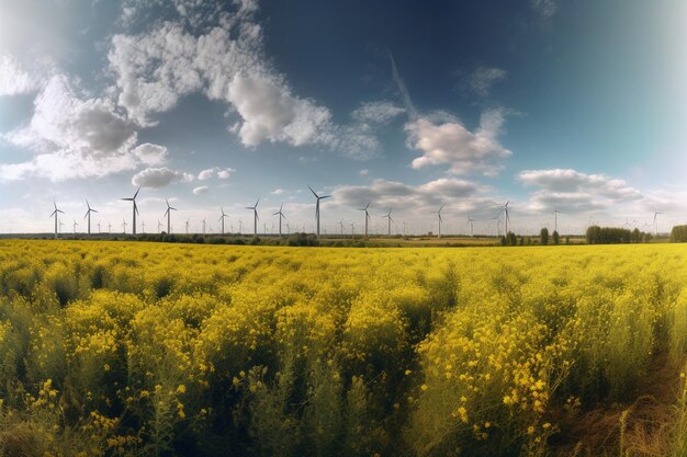 Un champ de fleurs jaunes avec un ciel bleu et un moulin à vent en arrière-plan.