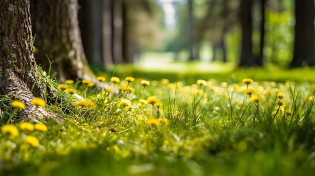 un champ de fleurs jaunes à côté d'un arbre