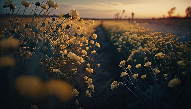 Un champ de fleurs jaunes avec un coucher de soleil en arrière-plan