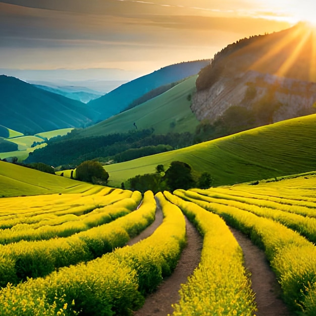 Un champ de fleurs jaunes dans les montagnes avec le soleil qui brille.