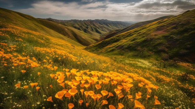 Un champ de fleurs jaunes dans les montagnes