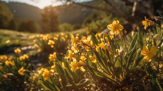 Un champ de fleurs jaunes dans les montagnes