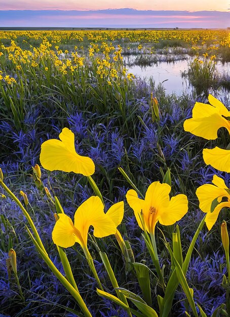 Un champ de fleurs jaunes avec des fleurs bleues en arrière-plan.