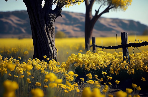 Champ avec des fleurs jaunes IA générative