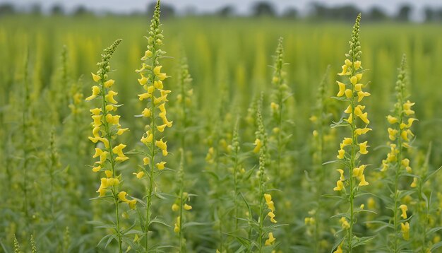 un champ de fleurs jaunes avec le mot abeille sur le côté