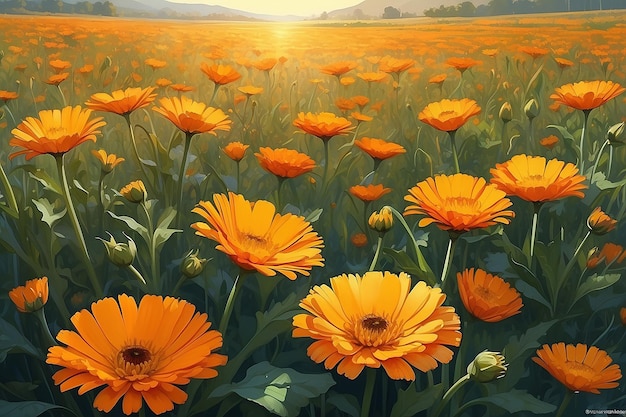 un champ de fleurs jaunes avec le soleil qui brille sur elles