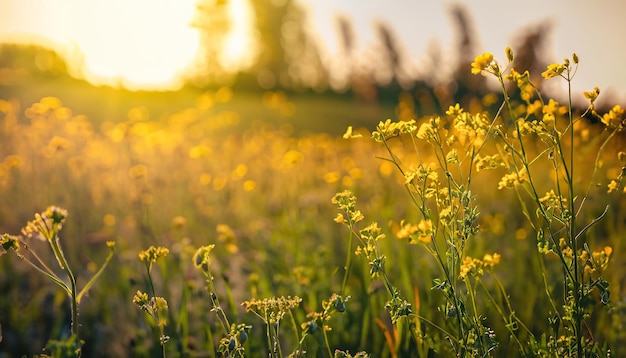 Un champ de fleurs jaunes avec le soleil se couchant derrière