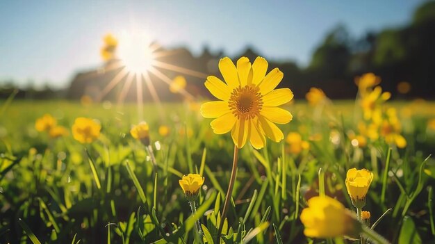 Un champ de fleurs jaunes avec le soleil