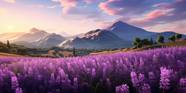 Un champ de fleurs de lavande avec une montagne en arrière-plan