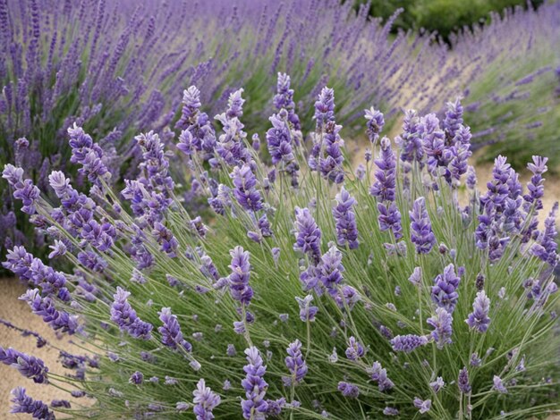 un champ de fleurs de lavande avec quelques autres plantes Lavandula