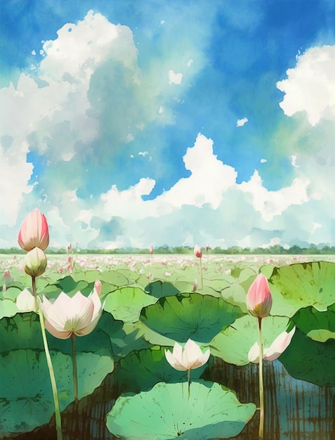 Champ de fleurs de lotus aquarelle avec ciel bleu Ai générative