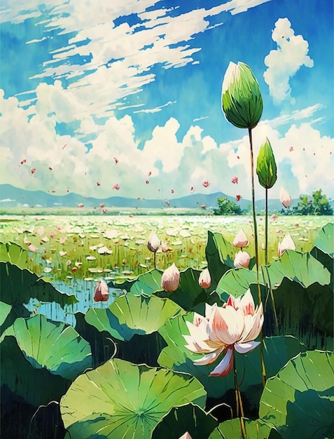 Champ de fleurs de lotus aquarelle avec ciel bleu Ai générative