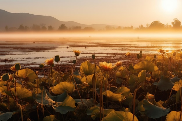 Un champ de fleurs de lotus à la lumière du petit matin