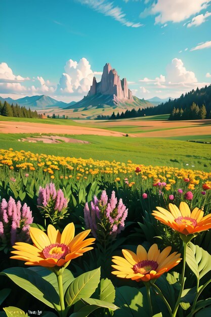 Un champ de fleurs avec une montagne en arrière-plan