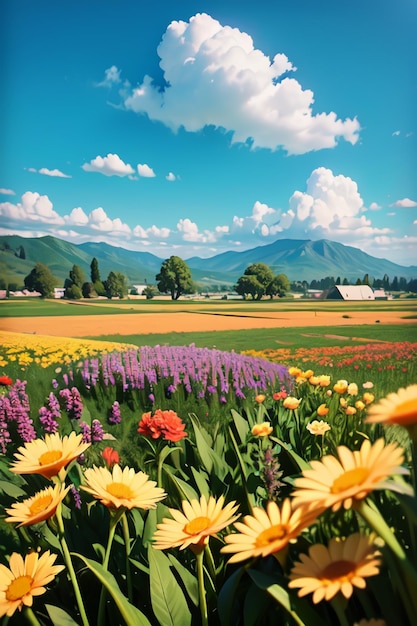 Un champ de fleurs avec une montagne en arrière-plan