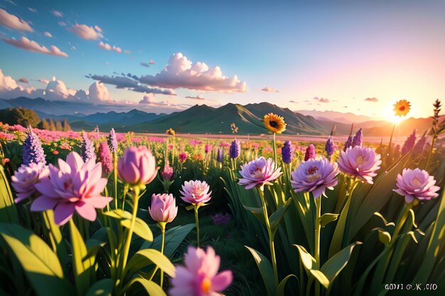 Un champ de fleurs avec une montagne en arrière-plan