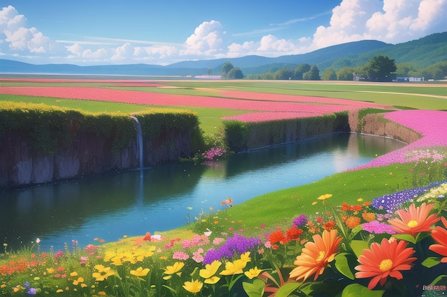 Un champ de fleurs avec une montagne en arrière-plan