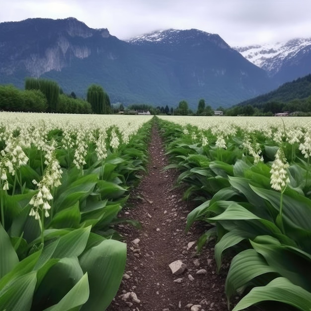 Un champ de fleurs avec des montagnes en arrière-plan