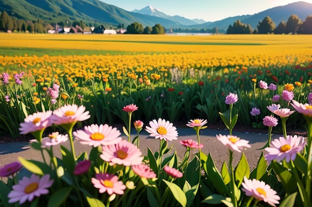 Un champ de fleurs avec des montagnes en arrière-plan