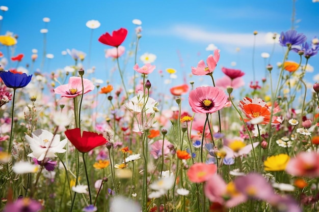 un champ de fleurs avec un objet en forme de cœur au milieu.