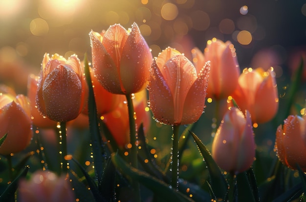 Un champ de fleurs d'orange avec des gouttes d'eau