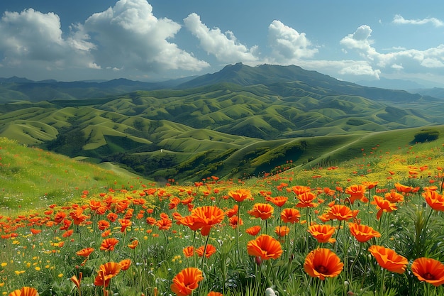 Un champ de fleurs d'orange avec des montagnes en arrière-plan