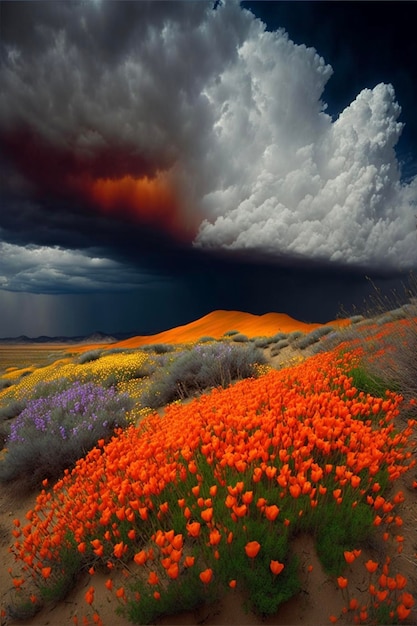 Champ de fleurs orange et violet sous un ciel nuageux ai génératif