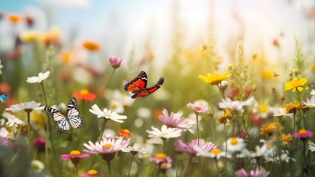 Un champ de fleurs avec des papillons volant dans le ciel