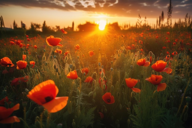 Champ de fleurs de pavot au coucher du soleil générative ai