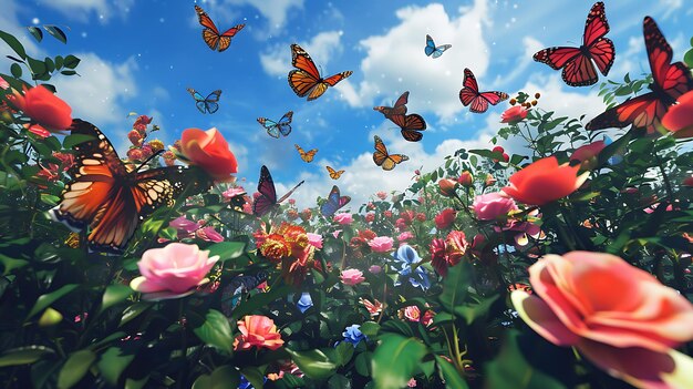 Un champ de fleurs en pleine floraison avec des papillons qui volent autour