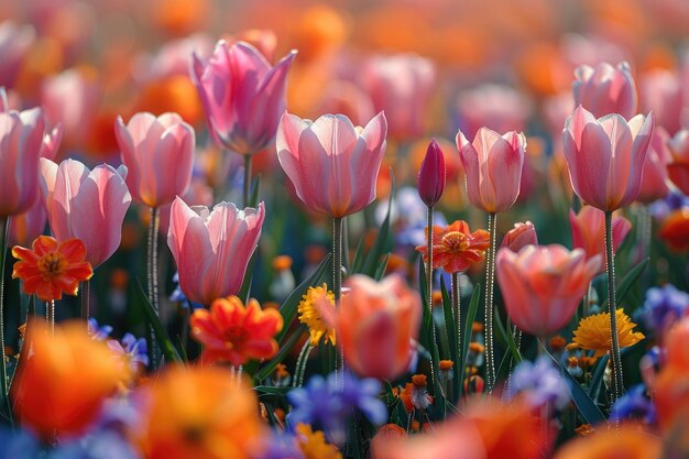 Un champ de fleurs en pleine floraison avec une variété de couleurs et de textures