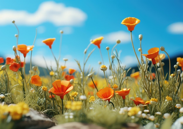 champ de fleurs des prairies printanières et ciel bleu parfait AI Generative