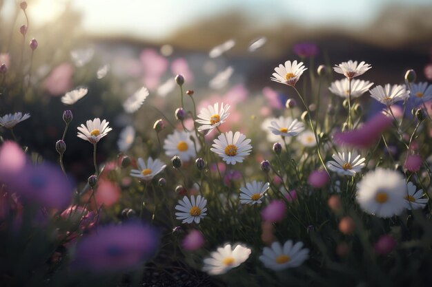 Champ de fleurs printanières avec des pétales volants en gros plan AI Generation