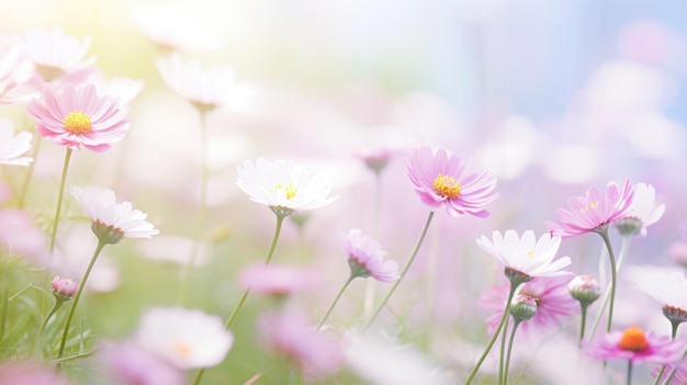 Un champ de fleurs roses et blanches avec un soleil qui brille