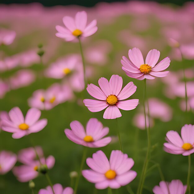 un champ de fleurs roses avec un centre jaune et un fond violet