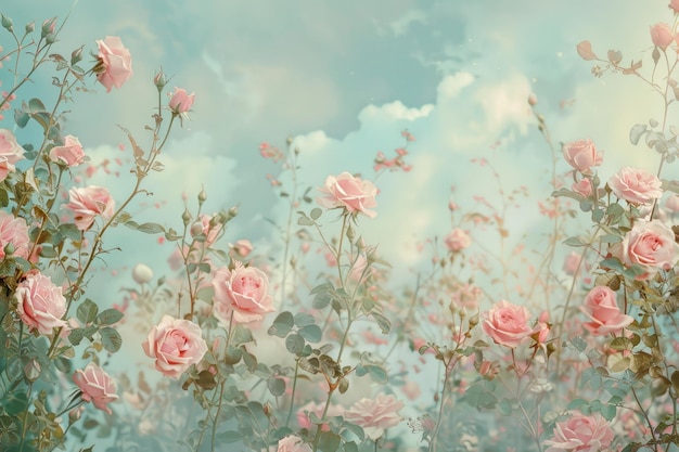 Un champ de fleurs roses avec un ciel bleu en arrière-plan