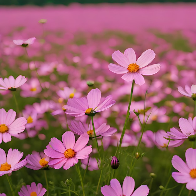 un champ de fleurs roses avec un fond violet avec un papillon au milieu