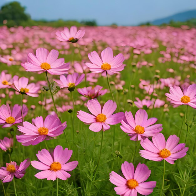 Photo un champ de fleurs roses avec une montagne en arrière-plan