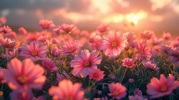 un champ de fleurs roses avec le soleil qui se couche derrière elles