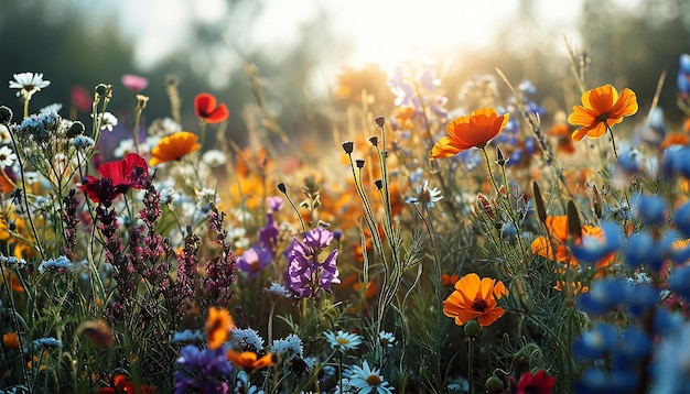 Champ de fleurs sauvages au printemps de belles fleurs sauvage sur un prairie verte chaud soir d'été fleurissant