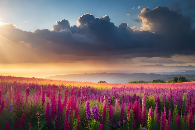 Un champ de fleurs sauvages avec un coucher de soleil en arrière-plan