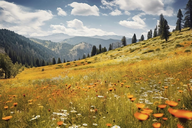 Un champ de fleurs sauvages dans un paysage de montagne