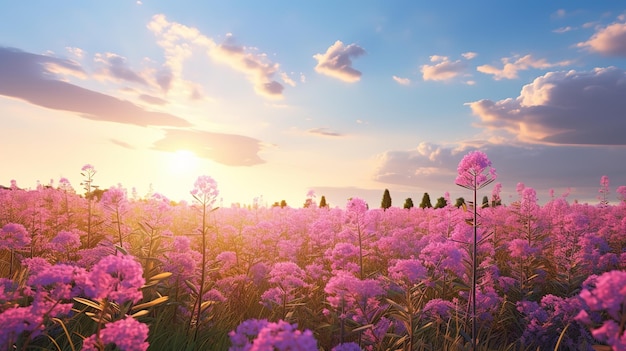 Le champ de fleurs sauvages d'été est rose avec la lumière du soleil du matin, le fond du printemps idyllique avec des buissons de lilas en fleurs et des fleurs sauvage roses sur le pré, des nuages du matin roses sur un ciel bleu au-dessus.