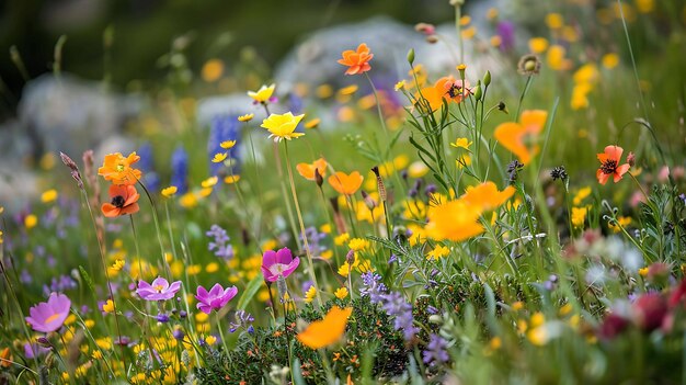 un champ de fleurs sauvages avec des fleurs violettes et jaunes