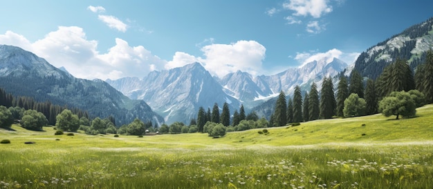 un champ de fleurs sauvages avec une montagne en arrière-plan.