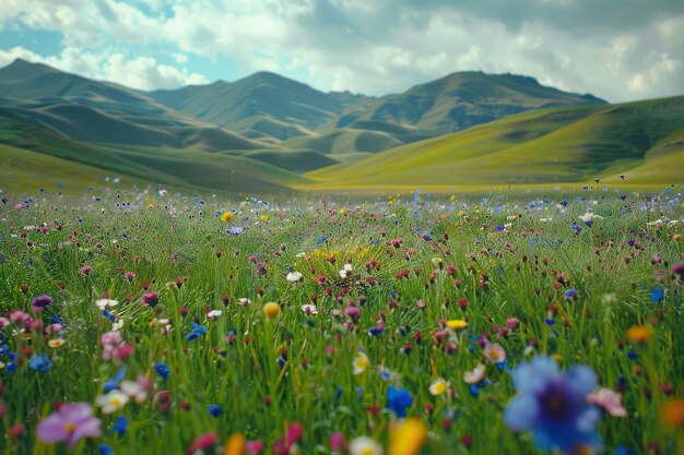 Un champ de fleurs sauvages avec des montagnes en arrière-plan