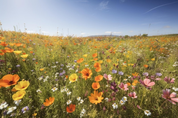 Un champ de fleurs sauvages en pleine floraison avec un ciel bleu clair visible ci-dessus créé avec ai générative