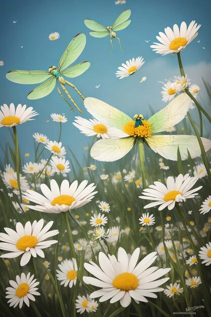 Champ de fleurs sauvages de printemps camomille libre avec des papillons volants illuminés le matin vec