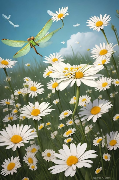 Champ de fleurs sauvages de printemps camomille libre avec des papillons volants illuminés le matin vec