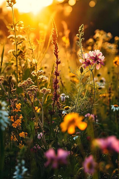 un champ de fleurs sauvages avec le soleil en arrière-plan